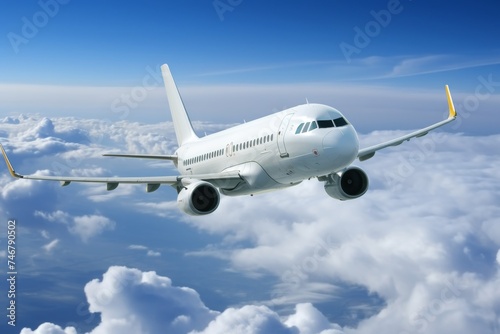 Aerial view of passenger plane gracefully gliding above fluffy clouds in the blue sky