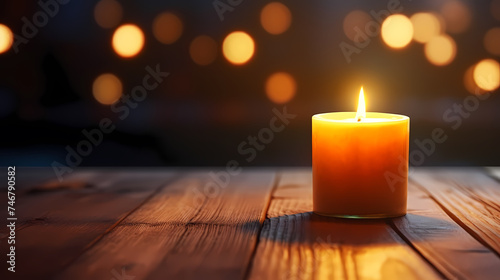 Close up of burning candle with blurred background and copy space for text