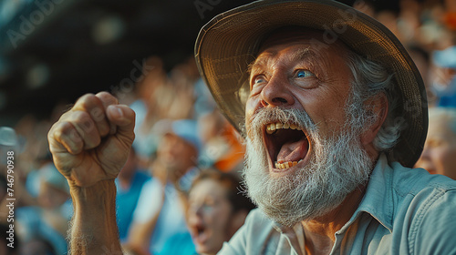 Uomo anziano che grida eccitato  mentre assiste a una partita sportiva con un gruppo di tifosi allo stadio, concitazione durante la partita della squadra del cuore photo