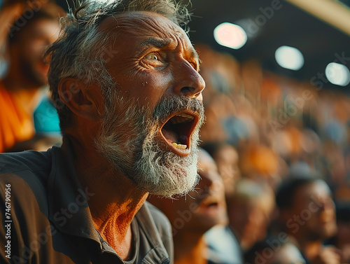Uomo anziano che grida eccitato  mentre assiste a una partita sportiva con un gruppo di tifosi allo stadio, concitazione durante la partita della squadra del cuore photo