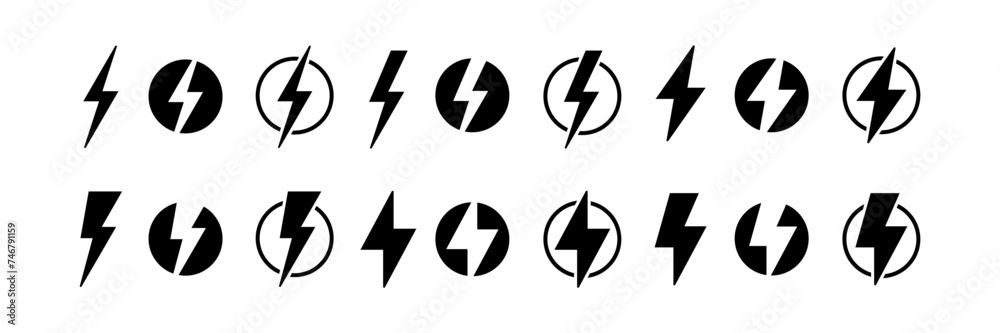 Power lightning charging logo icons. Vector black thunderbolt electricity and energy power symbols isolated on transparent background