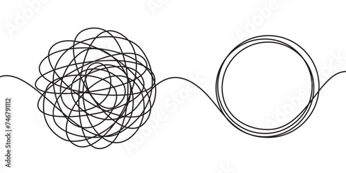 Hand drawn scrawl sketch or black line spherical abstract scribble shape. Vector chaotic doodle circle drawing of tangled thread or clew knot © Avector