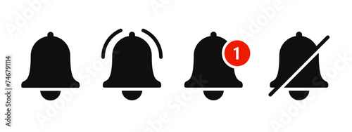 Notification bell icons for incoming inbox message. Vector ringing bell and notification number sign for alarm clock and mobile phone application photo