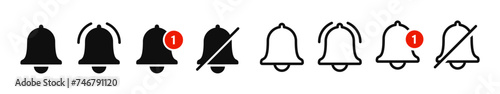 Notification bell icon for incoming inbox message. Vector ringing bell and notification number sign for alarm clock and smartphone application alert photo