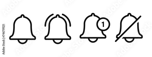 Notification bell line icons for incoming inbox message. Vector ringing bell for notification mute and number sign for alarm clock and mobile phone application