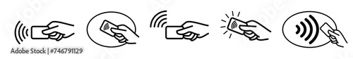 Contactless payment icons, credit card and hand tap pay wave. Vector wireless NFC and contactless pay pass icons set