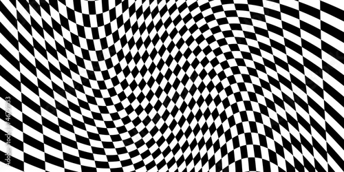 Checkered pattern background, checkerboard or chess board squares. Vector checkered background with optical illusion or distortion wave of geometric mosaic pattern
