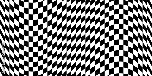 Checkered background, checkerboard pattern and chess board squares. Vector checkered geometric mosaic pattern with optical illusion or distortion wave background