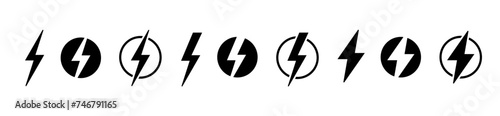 Lightning icons set for energy power charging, vector thunderbolt symbols of electricity lightning