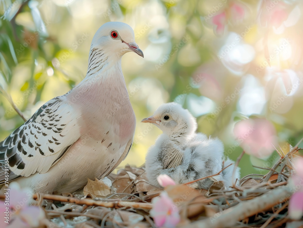 Obraz premium A dove tenderly looks at its chick in a cozy nest surrounded by leaves.