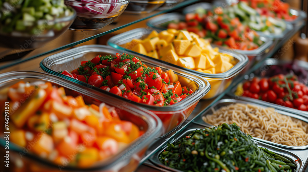 Glass containers of freshly prepared chopped vegetables and salads.