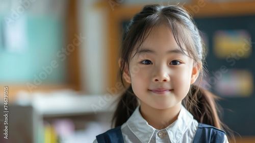 little korean schoolgirl in school class, cute asian girl, japanese, chinese, study, education, smart child, clever kid, children, knowledge, chalk board, portrait, people, person, black hair