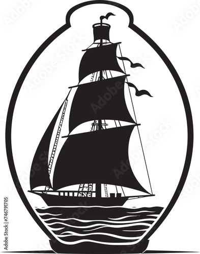 Ancient Mariner Vector Graphic of Time Honored Seafaring Relic Bottled Odyssey Black Logo Design of Classic Sailboat Keepsake