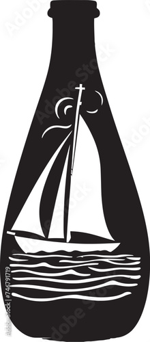 Glassbound Schooner Iconic Black Emblem of Nautical Tradition Seafaring Souvenir Vector Graphic of Old Sailboat in Glass