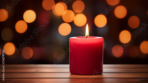 Close up of burning candle with blurred background and copy space for text