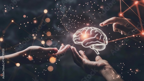 An abstract illustration portrays palm hands delicately touching a brain, symbolizing the connection between human cognition and innovative technology. 