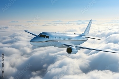 Aerial view of passenger plane gliding above clouds on peaceful flight journey  air travel concept