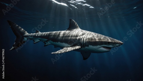 Nice big white shark in the dark with space for text wild ocean life and danger from darkness © RIDA BATOOL