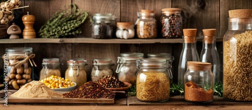 A shelf filled with a diverse array of spices stored in metal and wooden containers. The spices are neatly organized, showcasing an assortment of colors and textures.