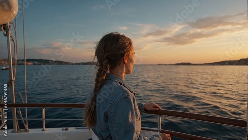 Panoramic crop of girl enjoying sunset view from boat deck leaving port