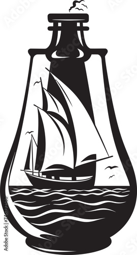 Seafaring Sentiment Vector Graphic of Vintage Maritime Keepsake Glassbound Galleon Black Logo Design of Old Sailboat Artifact