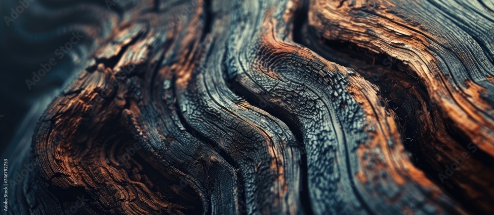 This close-up view showcases the intricate patterns of wood grain on an aged log, revealing the natural beauty and texture of the material up close.