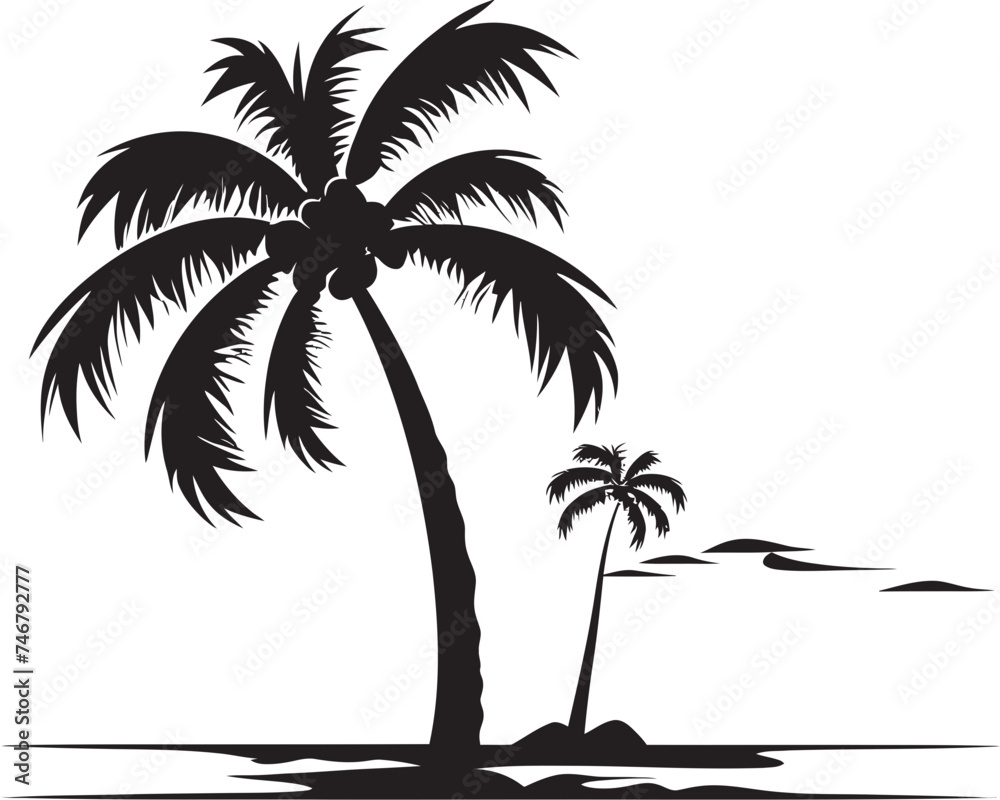 Tropical Escape Black Logo Design of Seashore Oasis Beachside Breeze Vector Black Emblem of Palm Tree and Beach