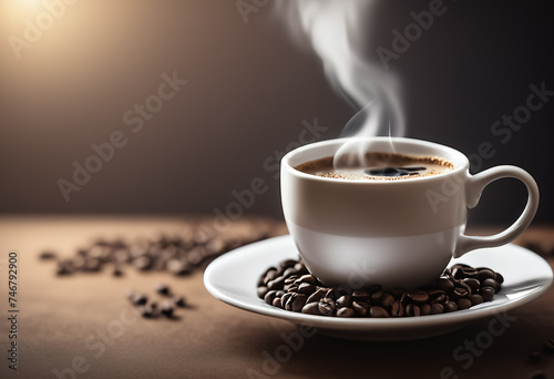 Hot Coffee in Elegant White Cup on Dark Background