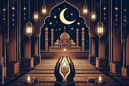 Ramadan kareem concept design, happy ramadan holiday, crescent and candle design, greetings islamic world, celebrating ramadan.