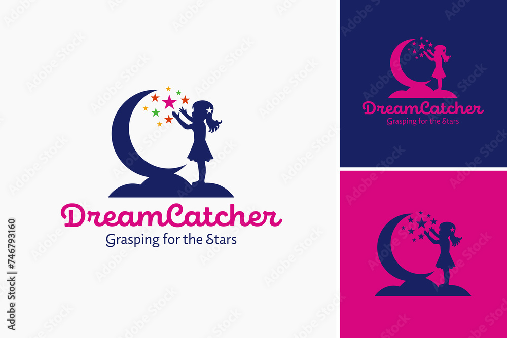 Child reaching for stars on a crescent logo, ideal for dreamy designs, bedtime stories, children books, fantasy themes, inspiration illustrations.