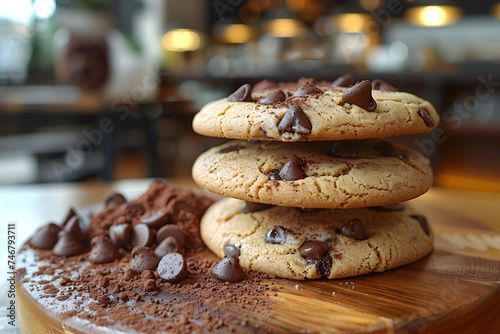 Chocolate chip cookies on a wooden plate with cocoa powder in a cozy cafe setting.