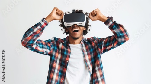 Excited Young Man Using Virtual Reality Headset and Making Gesture Generative AI