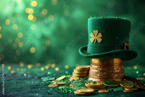 Green shamrock lucky top hat as St Patrick's day symbol and luck icon of Irish tradition with stack of gold coins. Leprechaun cap. Celebration concept, Background, card, banner with copy space
