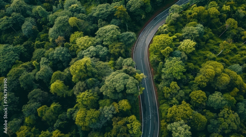 Rain-Soaked Curvilinear Road Amidst Lush Green Forest Generative AI