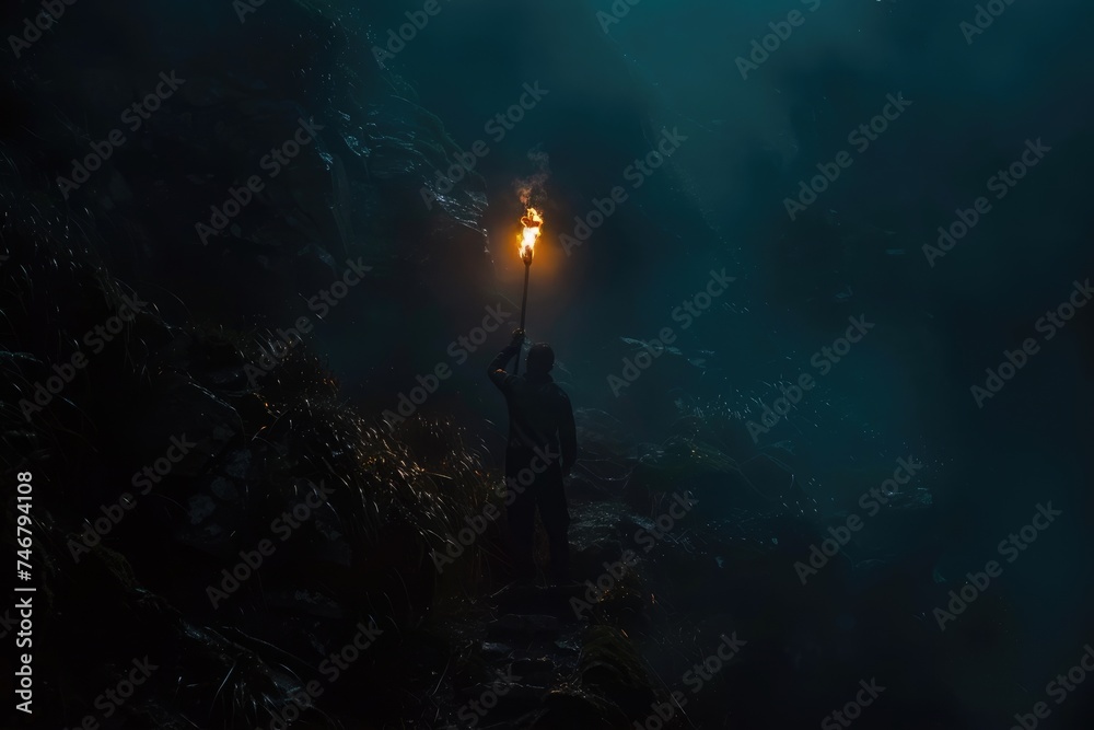 Seeking truth: persona with torch embarks on quest in dark space, symbolizing exploration, discovery, and enlightenment in the pursuit of knowledge and understanding Seeking truth: persona with torch embarks on quest in dark space, symbolizing exploration, discovery, and enlightenment in the pursuit of knowledge and understanding