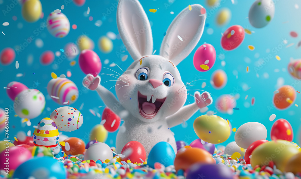 Joyful Easter Bunny with Colorful Eggs and Confetti
