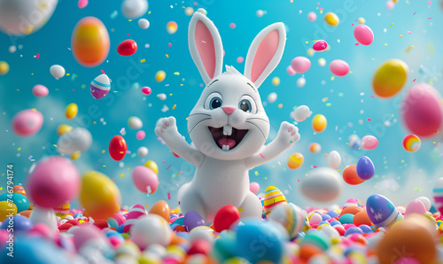 Joyful Easter Bunny with Colorful Eggs and Confetti
