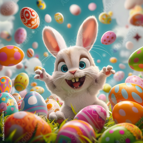 Easter Bunny with Painted Eggs and Sparkling Background