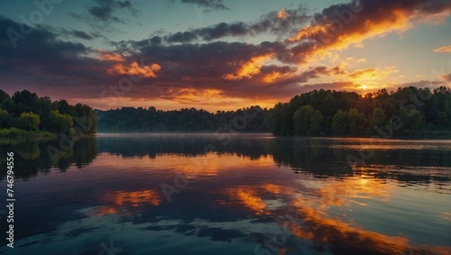 stunning sunrise over the lake with vibrant colors reflecting in the water