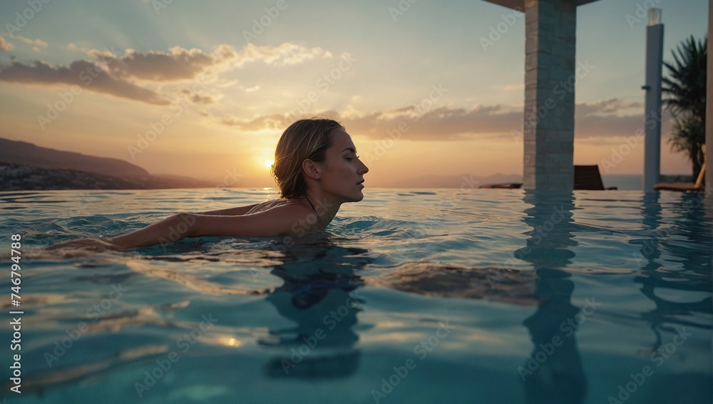 travel woman swimming in pool at luxury hotel spa with beautiful sunset view of ocean Mediterranean travel holiday resort relaxing lifestyle freedom travel woman swimming in pool at luxury hotel spa with beautiful sunset view of ocean Mediterranean travel holiday resort relaxing lifestyle freedom