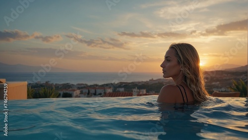 travel woman swimming in pool at luxury hotel spa with beautiful sunset view of ocean Mediterranean travel holiday resort relaxing lifestyle freedom