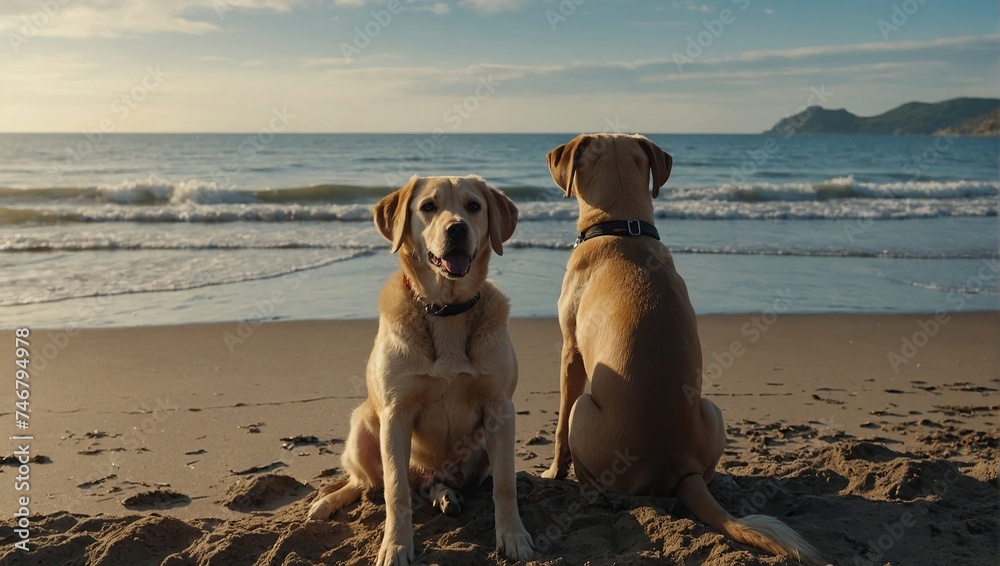 two dogs sit with their backs and look at the sea, Fawn labrador retriever on the beach