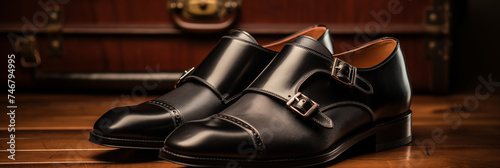 A Sophisticated Display of J.M. Weston Black Leather Shoes and Matching Accessories photo