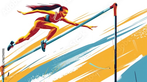 illustration of a woman doing a banner style jump. concept olympic games, sports