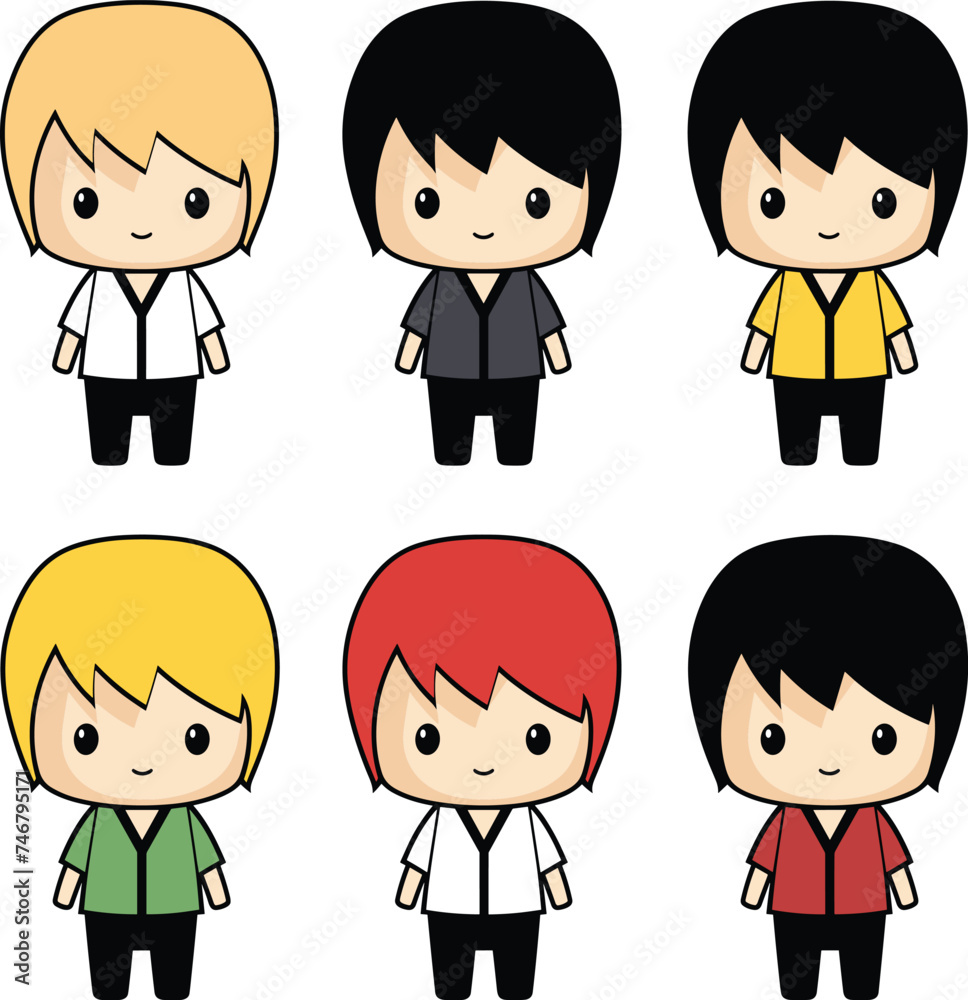 Six chibi style business people, three males three females different hair colors. Cute cartoon office workers. Corporate, team, diversity vector illustration Six chibi style business people, three males three females different hair colors. Cute cartoon office workers. Corporate, team, diversity vector illustration