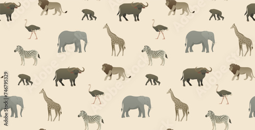 African animal vector seamless pattern design. Warm color palette illustration. Exotic animals wallpaper for home decoration, fabric, postcard.