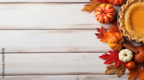 Autumn apple pie, cinnamon and leaves on white wooden background