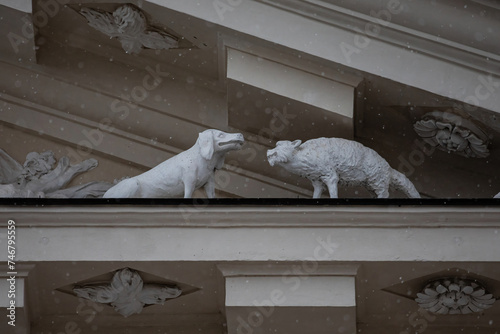 Dog and cat relations, detail of the main landmark of Vilnius, Vilnius Cathedral