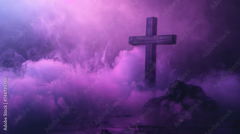 Religious background with wooden cross and purple fog created with Generative AI