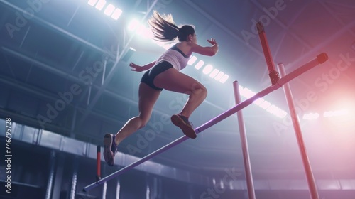 beautiful woman doing a pole vault in a training stadium with lights and smoke in high resolution © Marco